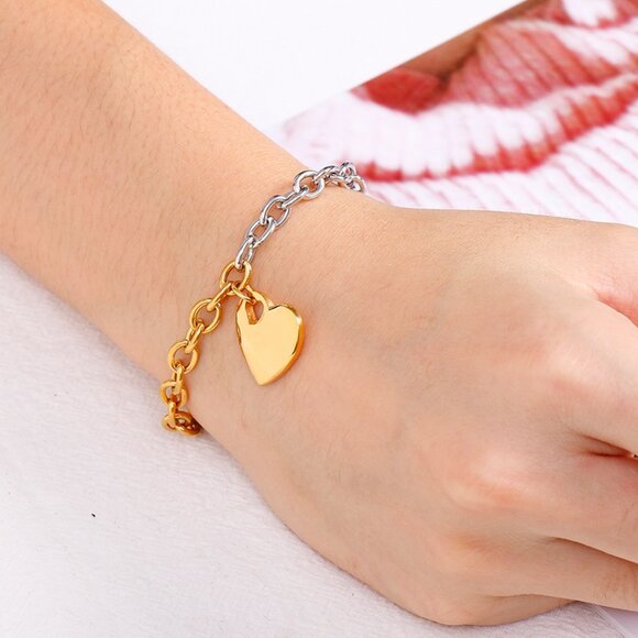 3/$35 18K Gold Plated & Silver Heart Charm Bracelet Two Tone Chain Link Jewelry - Picture 1 of 9